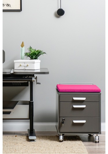 Creo Mobili Çekmeceli Kilitli Tekerlekli Vega Keson, Oturulabilir Ofis Ve Ev Komodini Antrasit/fuşya