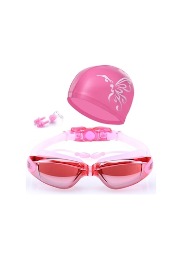 Yüzme Şapkalı Yüksek Çözünürlüklü Su Geçirmez Sis Geçirmez Yüzme Gözlüğü Pembe Çok Renkli