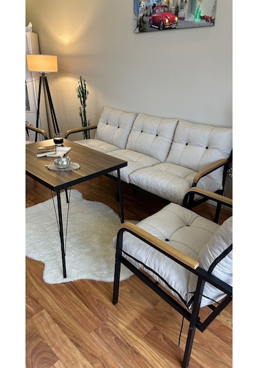 Modern Style Home Modern Kadıköy Balkon, Bahçe, Cafe - Metal Kanepe Koltuk Takımı - 3+1+1+masa Krem Modernk027 Krem