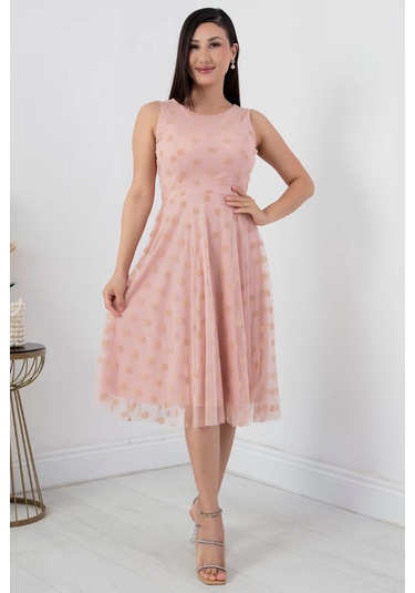 Sifir Kol Yuvarlak Abiye Elbise Pudra