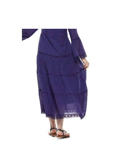 Uzun Kollu Mor Düğmeli Vual Yazlık Uzun Elbise