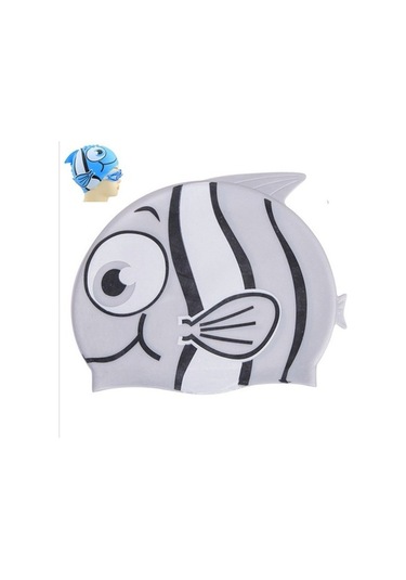 Dm Kulak Koruma Küçük Balık Desenli Çocuk Silikon Yüzme Şapkası Model H Beyaz