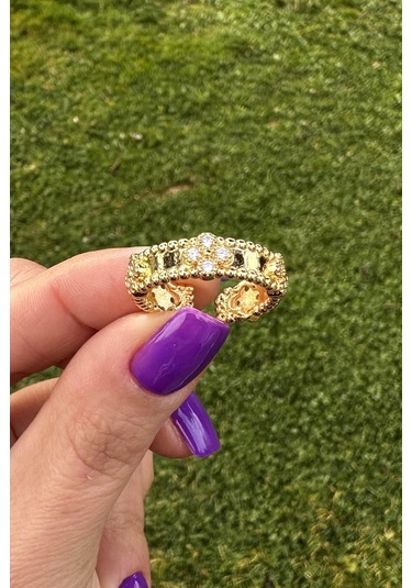 Marka Model Zirkon Çiçek Desenli Gold Yüzük - Ayarlanabilir Gold