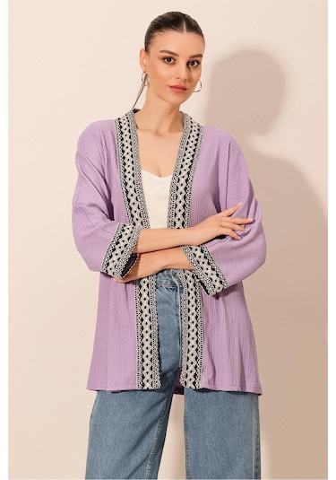 Bigdart 5866 Nakışlı Örme Kimono - Lila 001