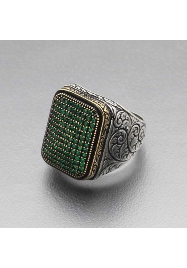 Gümüş Yeşil Zirkon Taşlı Kare Erkek Yüzük (551185686)