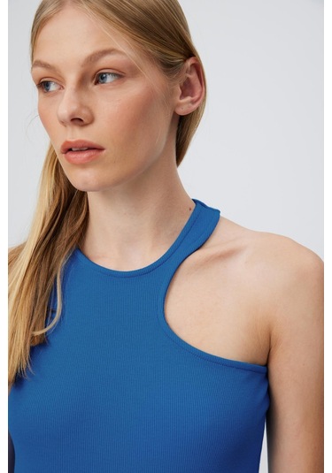 ASİMETİK OMUZ KISA ELBİSE SAKS MAVİ Saks Mavisi