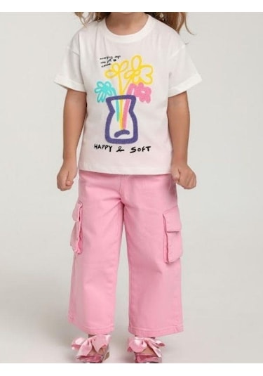 Escabel Kız Çocuk Pamuklu Punch İşlemeli T-shirt-15665 Çok Renkli