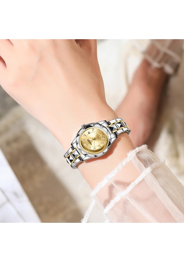 Yashıdun 5064 Şık Kadın Kuvars İzle Çelik Kayış Aydınlık Takvim Bilek Saati - Altın Kadran / Gümüş + Altın Kayış
