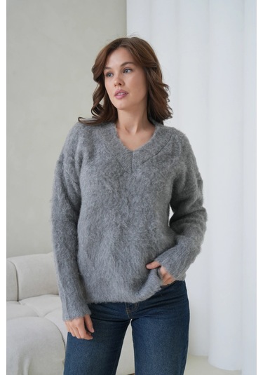 Kadın V Yaka Sakal Dokulu Şardonlu Oversize Triko Kazak 8695 Antrasit