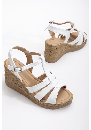 Kadın Dolgu Topuk Sandalet Ayakkabı Beyaz 3 Bantlı Baretli-3938 Beyaz