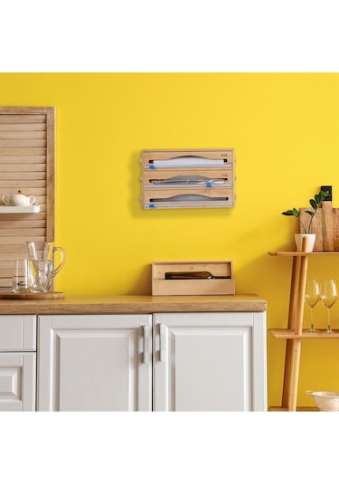 3 Bölmeli Bambu Streç Film Ve Folyo Düzenleyici Kutu Ahşap