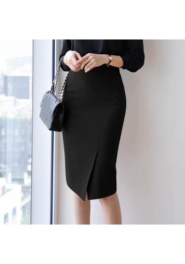 Siyah Zanzea Bayan Günlük Yüksek Bel Yırtmaçlı Kalem Etekler Siyah