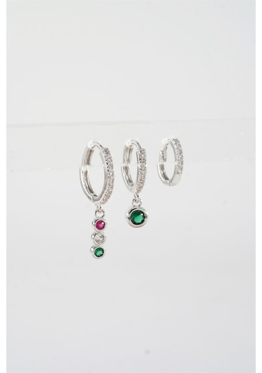 Kadın Vip Seri Mix Zirkon Taşlı 3'lü Küpe Çok Renkli