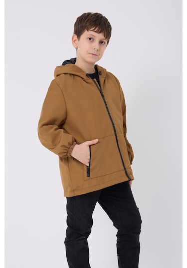 Erkek Çocuk Taba İçi Astarlı Su Ve Rüzgar Geçirmez Kapüşonlu Çift Fermuarlı Cepli Mont Taba