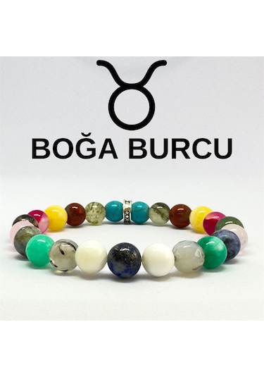 Boğa Burcu Bilekliği 8mm Doğaltaş Bileklik - 19 Cm Çok Renkli