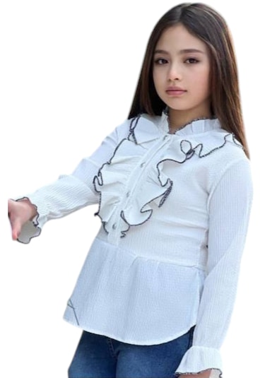 Kız Çocuk Gömleği Fırfır Pantolonu Kurdele Detaylı İkili Takım Beyaz