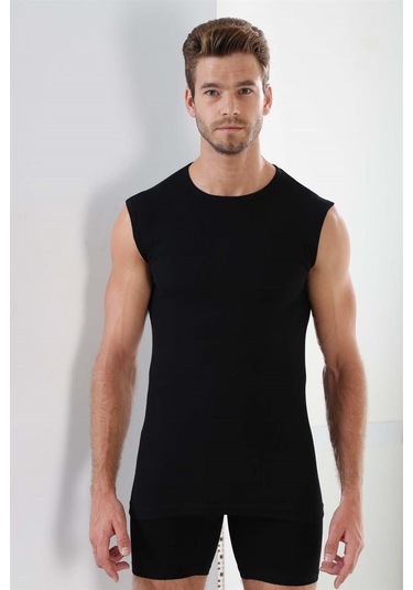 Erkek Beyaz - Siyah Tişört Sıfır Kol Sıfır Yaka Kolsuz Atlet 2'li %100 Pamuk-beyaz- Siyah