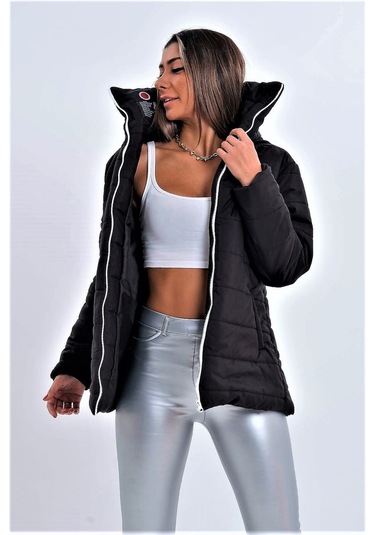 Kadın Siyah Dik Yaka Su Geçirmez Uzun Şişme Mont