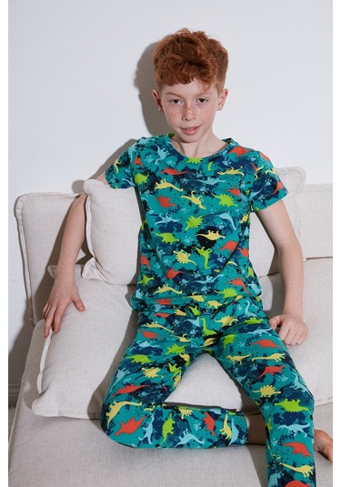 Lela Desenli % 100 Pamuk Bisiklet Yaka Erkek Çocuk Pijama Takımı 6651003 Yeşil