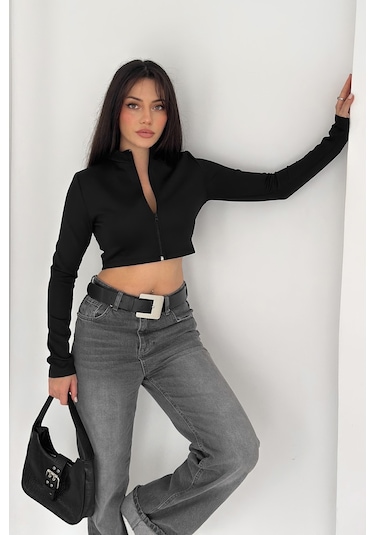 Kadın Fermuarlı Crop Ceket Dinamik & Modern Stil Siyah