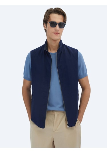 Lacivert Regular Fit Dik Yaka Casual Dokuma Spor Yelek Lacivert
