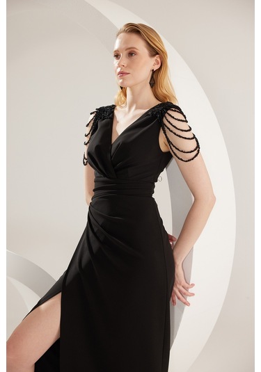 Doridorca Kadın Büyük Beden Kruvaze Yaka Kolları Taş Ve Süsleme Detaylı Abiye Elbise 6092 Siyah