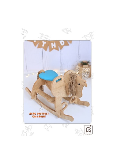 Ahşap Sallanan At-deri Koltuklu-ayak Destekli- Yeni Model -mavi