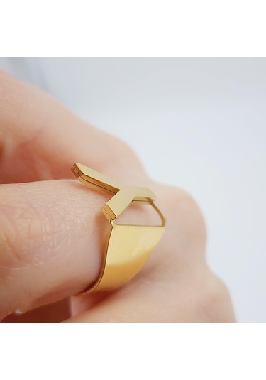 Çelik Gold Düz Kesim Harf Yüzük -y Harfi- Ayarlı Ölçü-1900