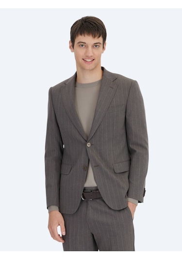 Kahverengi Çizgili Modern Fit Yün Karışımlı Takım Elbise Kahverengi