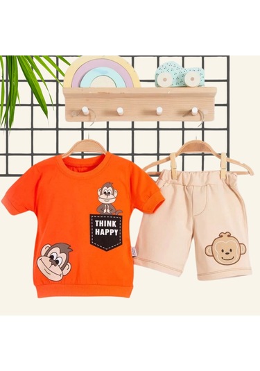 3-18 Ay Erkek Bebek Alt&üst Takımı Maymun 2li Turuncu Turuncu
