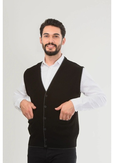 Kamalı Siyah Erkek V Yaka Triko Düğmeli Cepli Çizgi Desenli Regular Fit Tüylenmeyen Örgü Yelek Siyah