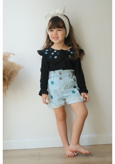 Kız Çocuk Papatya Nakış Kot Şort Bady Tarz Takım 001