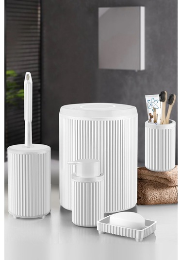 Lines Serisi Beyaz Banyo Seti, 5 Parça Lüks Akrilik Çöp Kovası, Fırça, Sabunluk Banyo Aksesuar Seti 3375 Beyaz