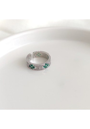 Xupıng 14 Numaraya Kadar Ayarlanabilir Yeşil Çiçek Detaylı Yüzük Beyaz
