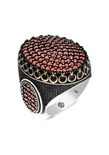 Gumush 546038468 Gümüş Kırmızı Zirkon Taşlı Oval Erkek Yüzük