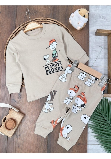 Bisiklet Yaka Peanuts Friends Baskılı Alt Üst Pijama Takımı 4bb2 Krem