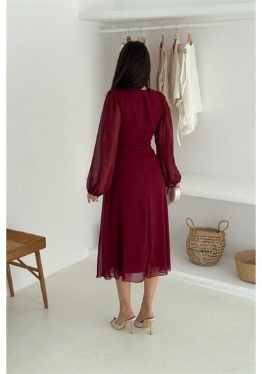 Neşeli Butik Kadın Bordo Astarlı Tokalı Şifon Elbise Nbk30281 Bordo