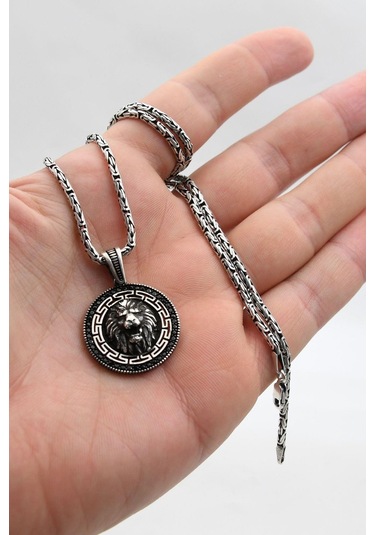 Grek Desenli Aslan Figürlü 925 Ayar Gümüş Kolye Kral Zincir 2mm 902422 Gümüş