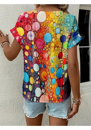 Kadın Kısa Kollu V Yakalı Desenli Süprem Bluz Desenli