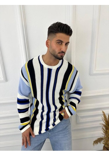 Kazak Oversize Renkli Örgü Desenli Naturel Pamuk Bol Kesim Salaş Triko Kazak Mavi