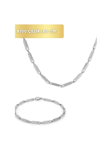 Küp Üçgen Model Kararmaz Çelik Unisex Kolye Ve Bileklik Set Silver