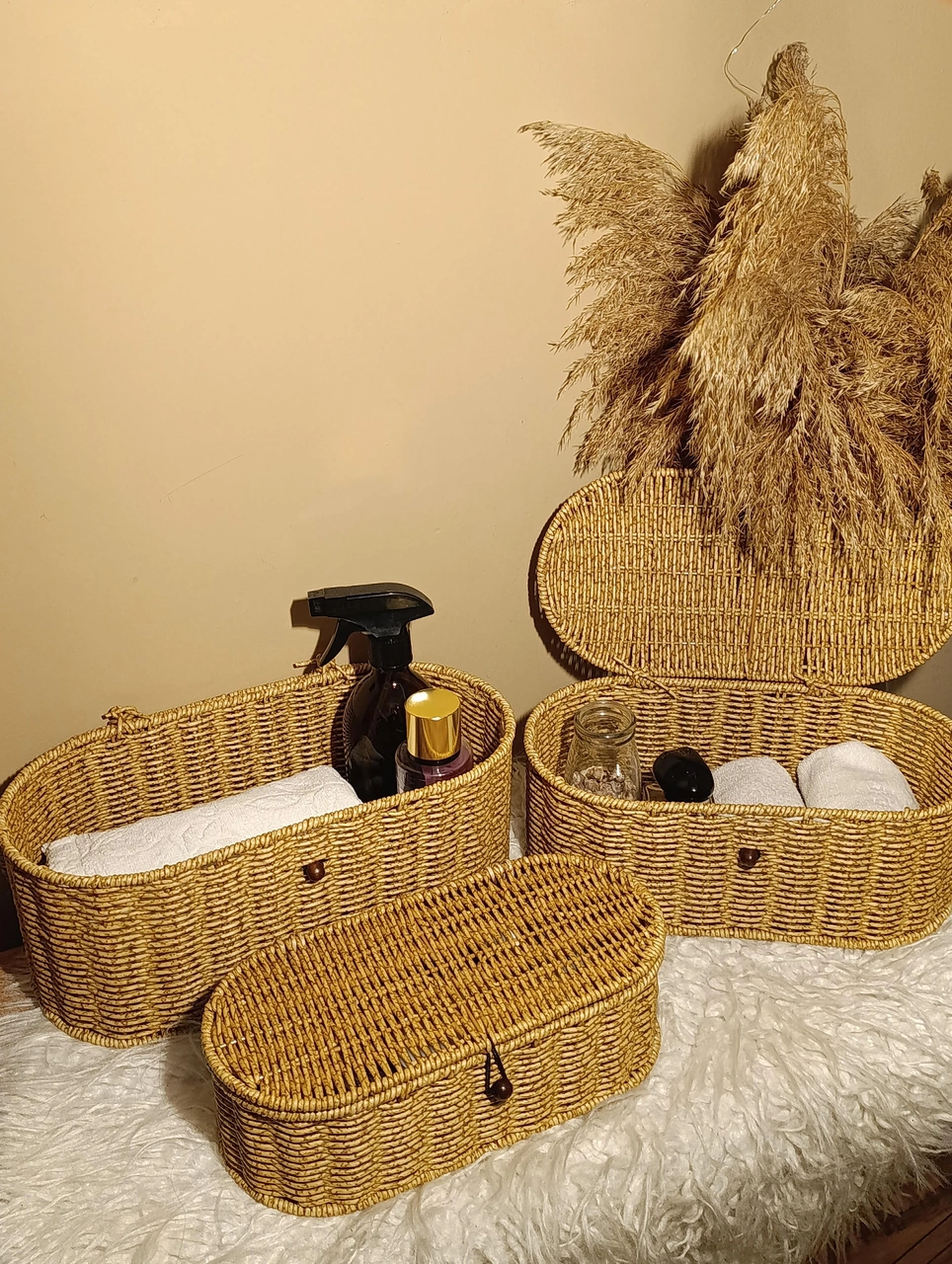 3'lü Rattan Oval Kapaklı Düğmeli Kutu / Organizer / Düzenleyici Diğer