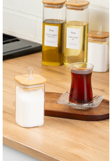 Perotti Cubes Borosilikat 4 Lü Pratik Mutfak Seti Bambu Kapak-yağlık Sosluk Sirkelik Şekerlik Şeffaf