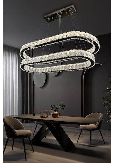 2 Katlı Yemek Masası Üstü Taşlı Modern Avize Krom