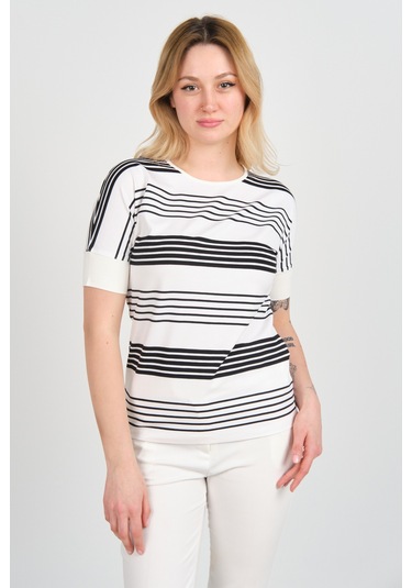 Sistas Kadın Kol Uçları Likralı Çizgili Kısa Kol Bluz 24201 Ekru Ekru