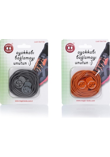 Magic Locks Yuvarlak Akıllı Ayakkabı Bağcık 2'li Set Gri-Turuncu