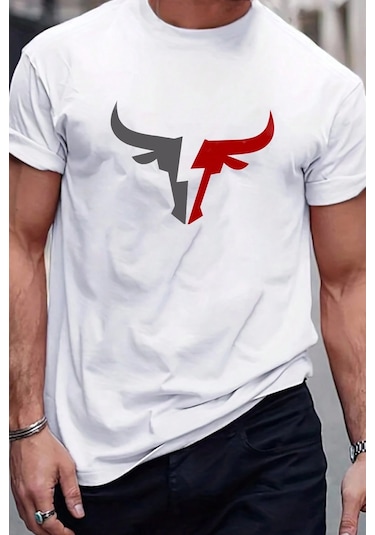Erkek Boğa Silüet Baskılı Oversize Tshirt Beyaz