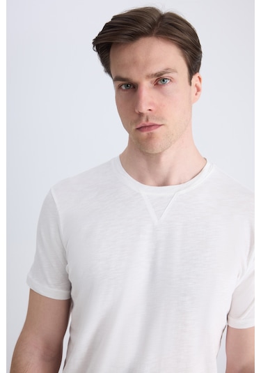 Twn Slim Fit Ekru Düz %100 Pamuklu T-shirt 4ec1447011072 E01