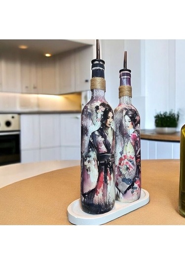 El Yapımı Japon Kadın Desenli Renkli 750 Ml Zeytinyağı Sıvıyağ Şi