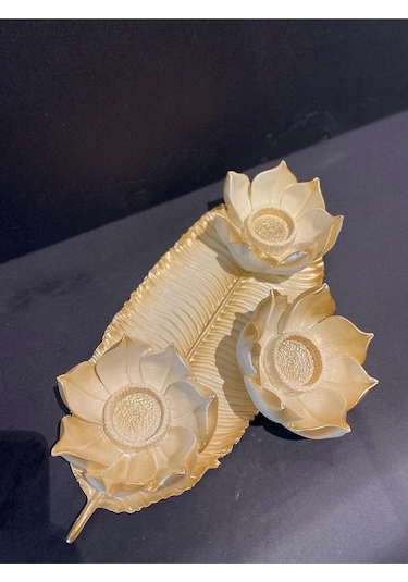 Dekoratif Polyester Üçlü Mumluk Krem-gold Eskitme